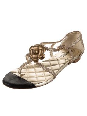 CHANEL Gold Quilted T-Strap Sandal with Black Cap Toe and Camellia Accent